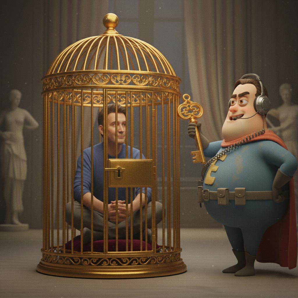 Ego verstehen als innerer Bodyguard: Grafik, die unser Ego als Bodyguard zeigt und uns im golden Käfig hält