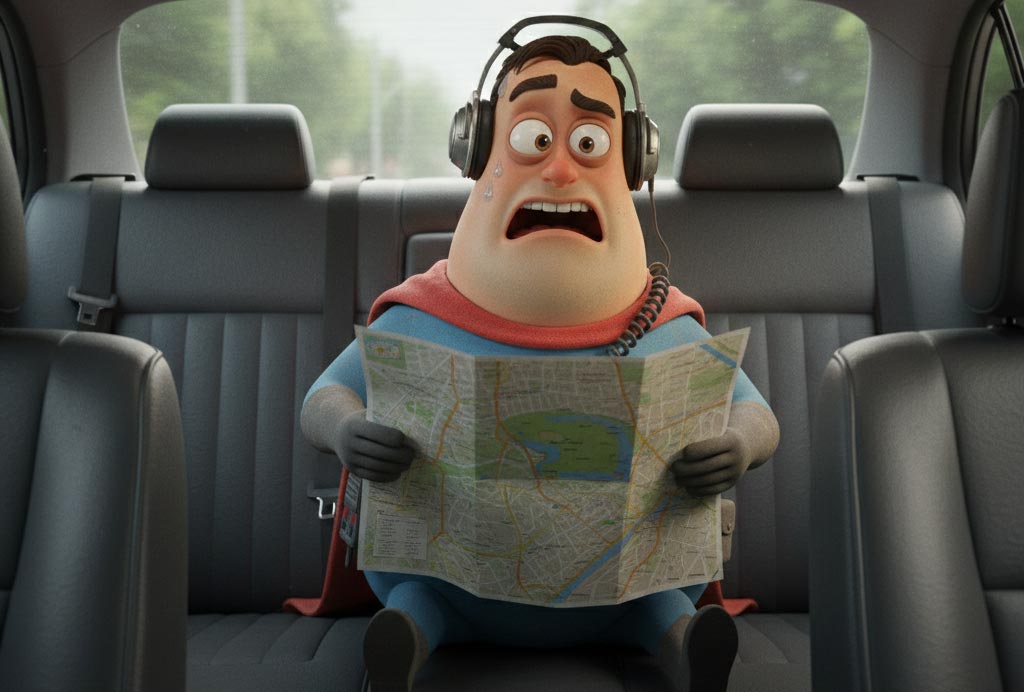 Egoman sitzt auf dem Rücksitz mit alter Straßenkarte