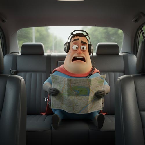 Egoman auf dem Rücksitz mit alter Straßenkarte