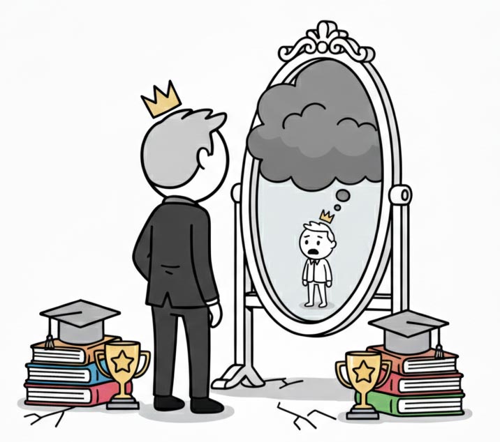 Eine einfache Strichzeichnung im Comic-Stil, die das Imposter-Syndrom verdeutlicht: Ein Mann in einem eleganten Anzug mit einer Krone steht vor einem prunkvollen Spiegel. Um ihn herum stapeln sich Erfolge in Form von Büchern, Diplomen und Pokalen. Sein Spiegelbild zeigt ihn jedoch als kleine, unsicher wirkende Figur in einfacher Kleidung unter einer dunklen Gewitterwolke, was die Diskrepanz zwischen äußerem Erfolg und innerem Selbstzweifel symbolisiert.