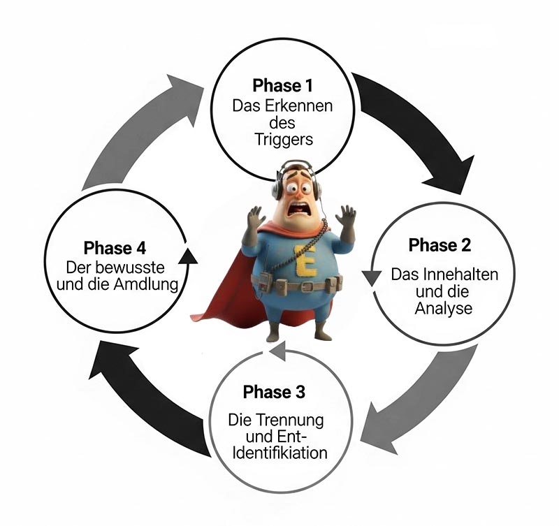 Flussdiagramm der 4 Phasen, wie der Egomann uns triggert und unseren Erfolg selbst sabotieren lässt