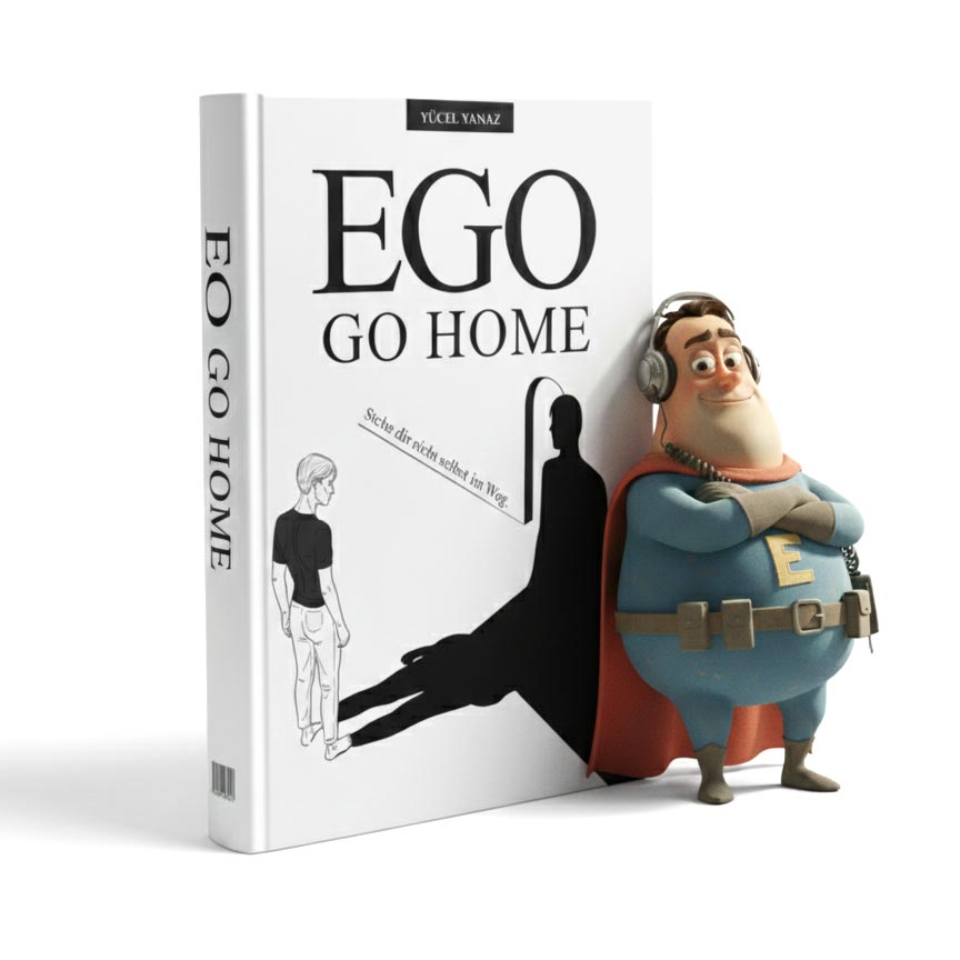 Buchcover 3D und Egoman der innere Bodyguard lehnt am Buch mit Rücken