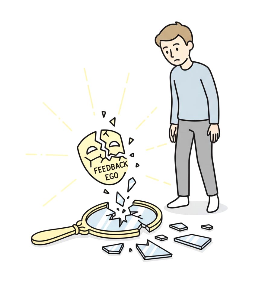 Eine Person betrachtet einen zerbrochenen Spiegel, in dem die Maske des Feedback Egos zerbricht und ein helles Licht leuchtet.