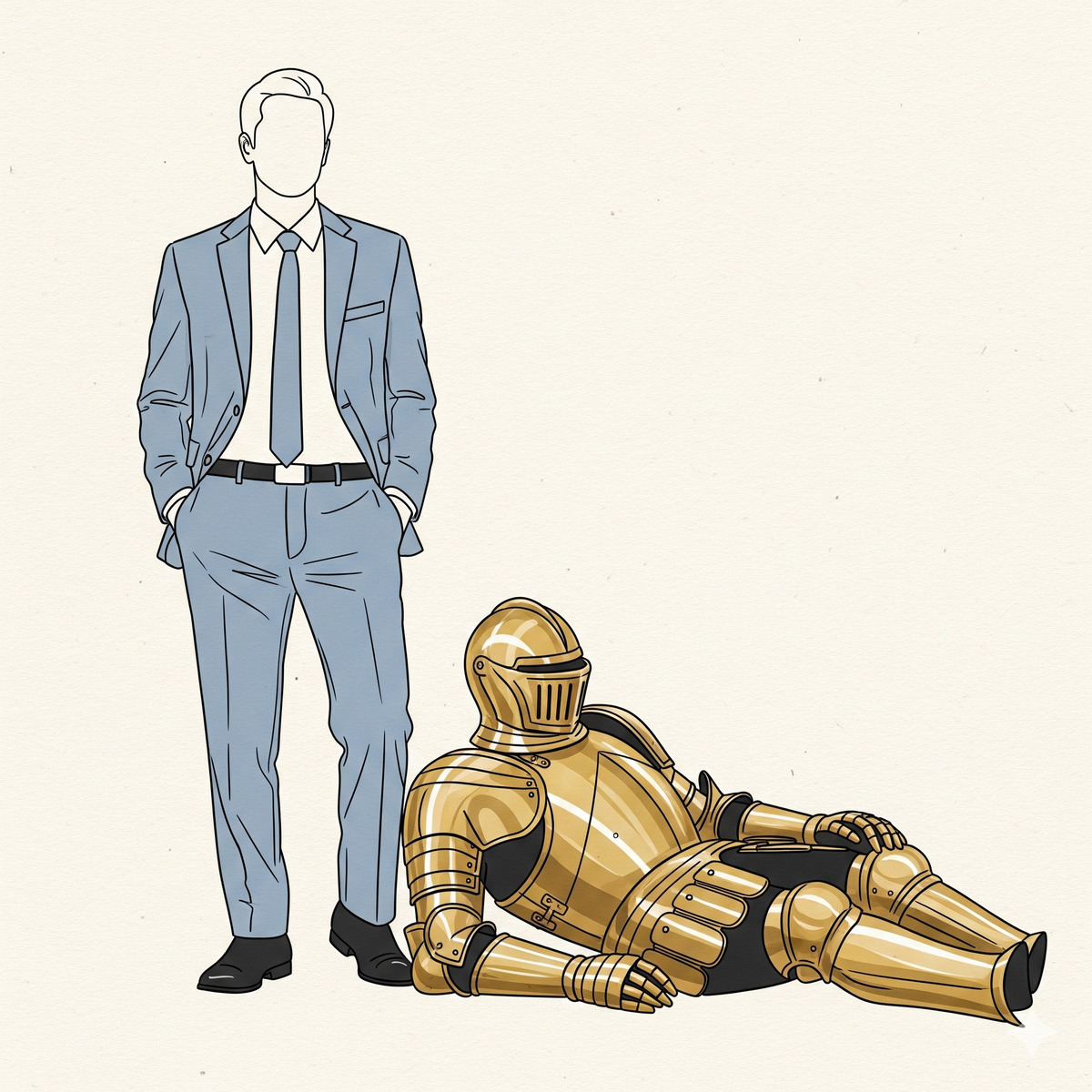 Führungskräfte Coaching: Eine minimalistische Zeichnung zeigt eine Führungskraft, die eine goldene Ritterrüstung ablegt, um Souveränität zu zeigen.