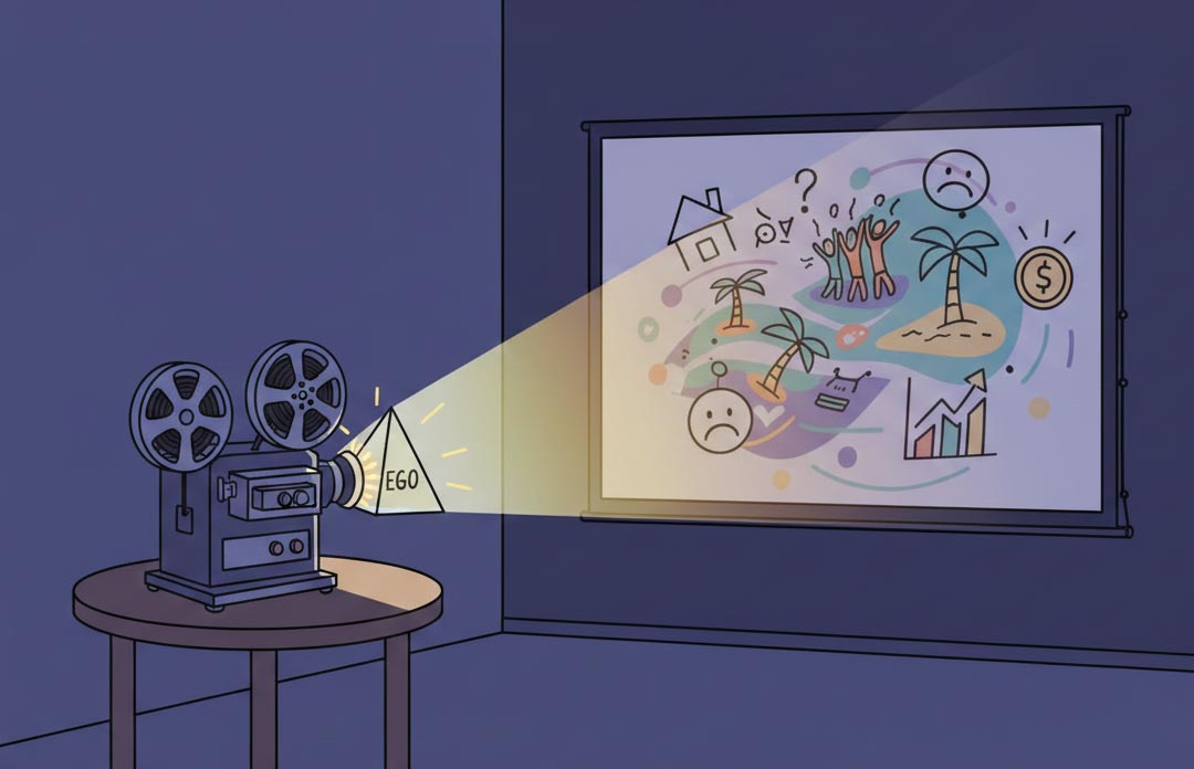 geistige-projektion-ego-filmprojektor-leinwand Eine Illustration zur geistigen Projektion und dem Ego: Ein Filmprojektor in einem dunklen Raum wirft einen Lichtstrahl durch ein Prisma mit der Aufschrift „EGO“ auf eine Leinwand, wo ein verzerrtes Bild der Welt erscheint.