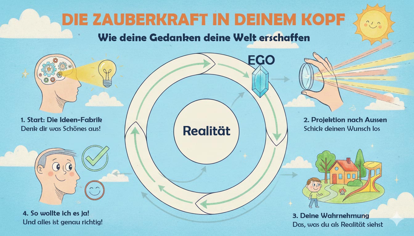 geistige-projektion-ego-kinderbuch-manifestation Eine farbenfrohe Infografik für Kinder zum Thema geistige Projektion: Gezeigt wird ein 4-Stufen-Prozess, wie Gedanken (Ideen-Fabrik) über einen inneren Filter im Außen eine Welt erschaffen.