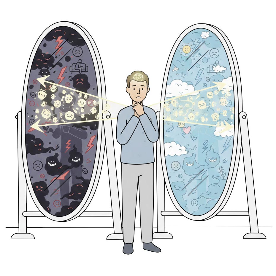 geistige-projektion-ego-wahl-der-welt Illustration zum Thema geistige Projektion und Ego: Ein Mensch steht zwischen zwei Spiegeln, die jeweils eine düstere und eine freundliche Welt zeigen, welche aus seinem Geist projiziert werden.