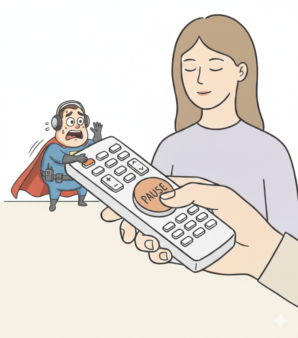 Mentale Freiheit: Eine minimalistische Strichzeichnung zeigt eine Person, die gelassen eine Fernbedienung in der Hand hält, während im Hintergrund ein kleiner Bodyguard (das Ego) vergeblich versucht, die Knöpfe zu drücken.