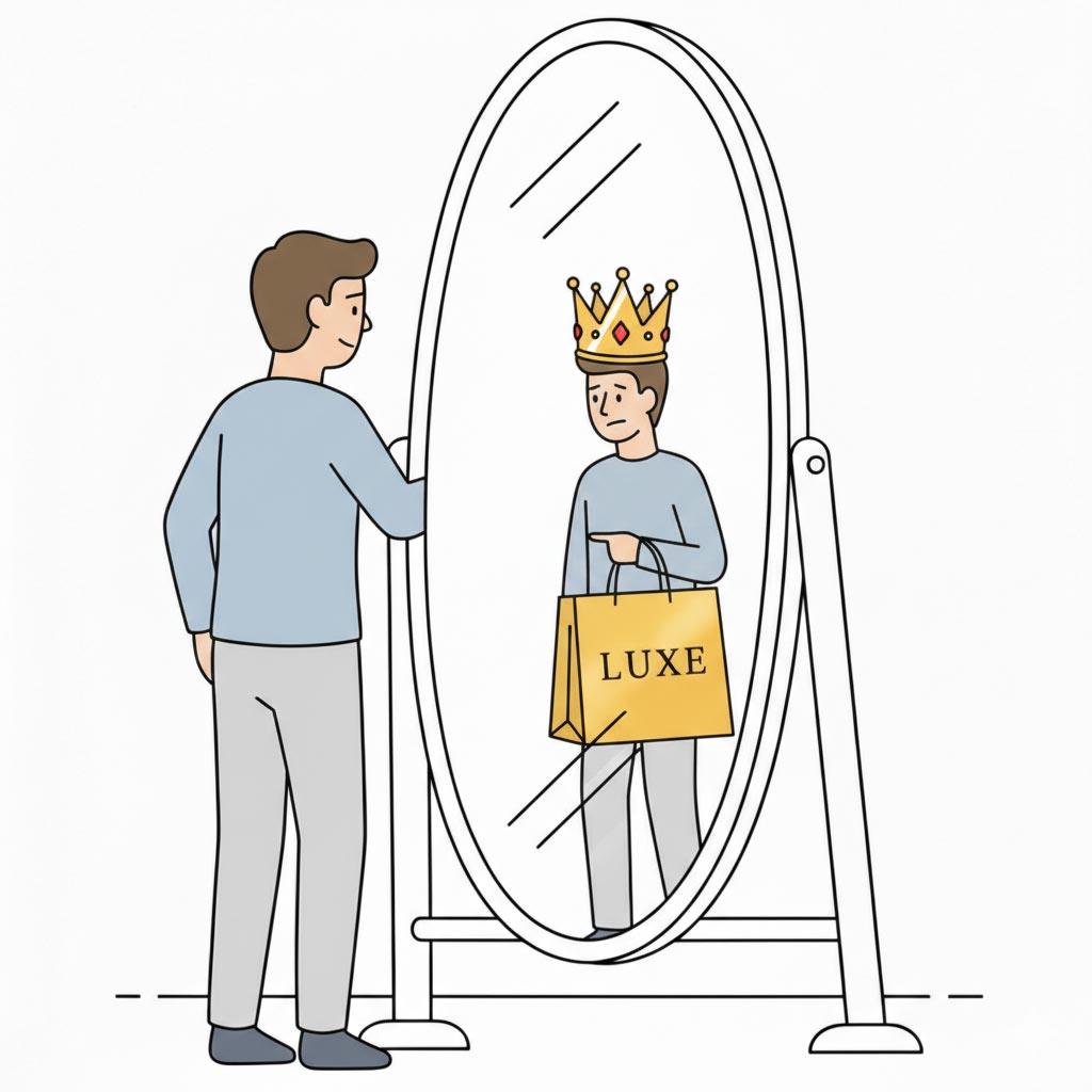 psychologie-des-konsums-status-ego Psychologie des Konsums: Ein Mann betrachtet sein Spiegelbild mit goldener Krone und teurer Einkaufstasche als Symbol für den Geltungskonsum des Egos.