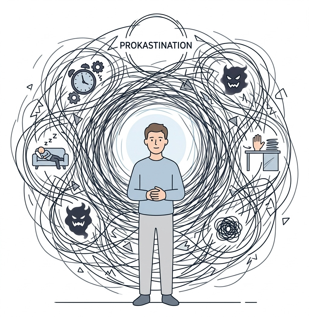 Eine minimalistische Strichzeichnung zum Thema Prokrastination, die eine Person zeigt, die ruhig im Zentrum eines Wirbelsturms aus chaotischen Linien (Ego-Sturm) steht.