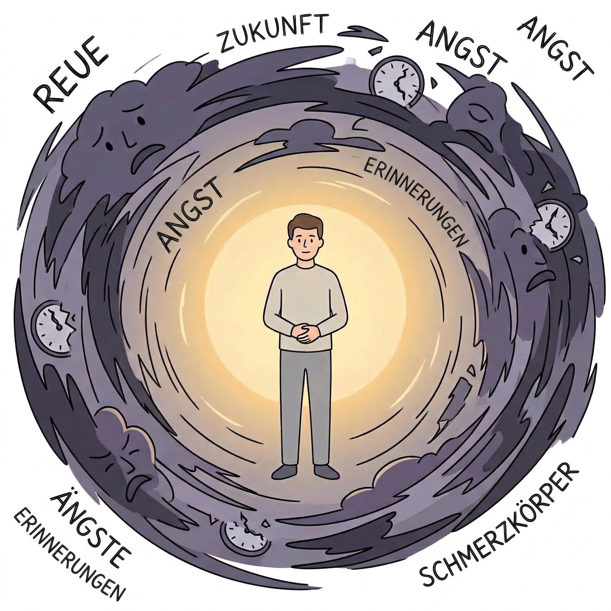 Eine Grafik, die zeigt, wie der Schmerzkörper (Emotion) das Ego (Gedanken) wie ein Kraftwerk mit Energie versorgt
