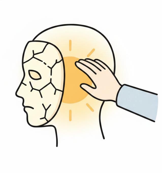 Strichzeichnung: Person betrachtet ihr fragiles Ego im Spiegel, um das Selbstwertgefühl zu stärken.