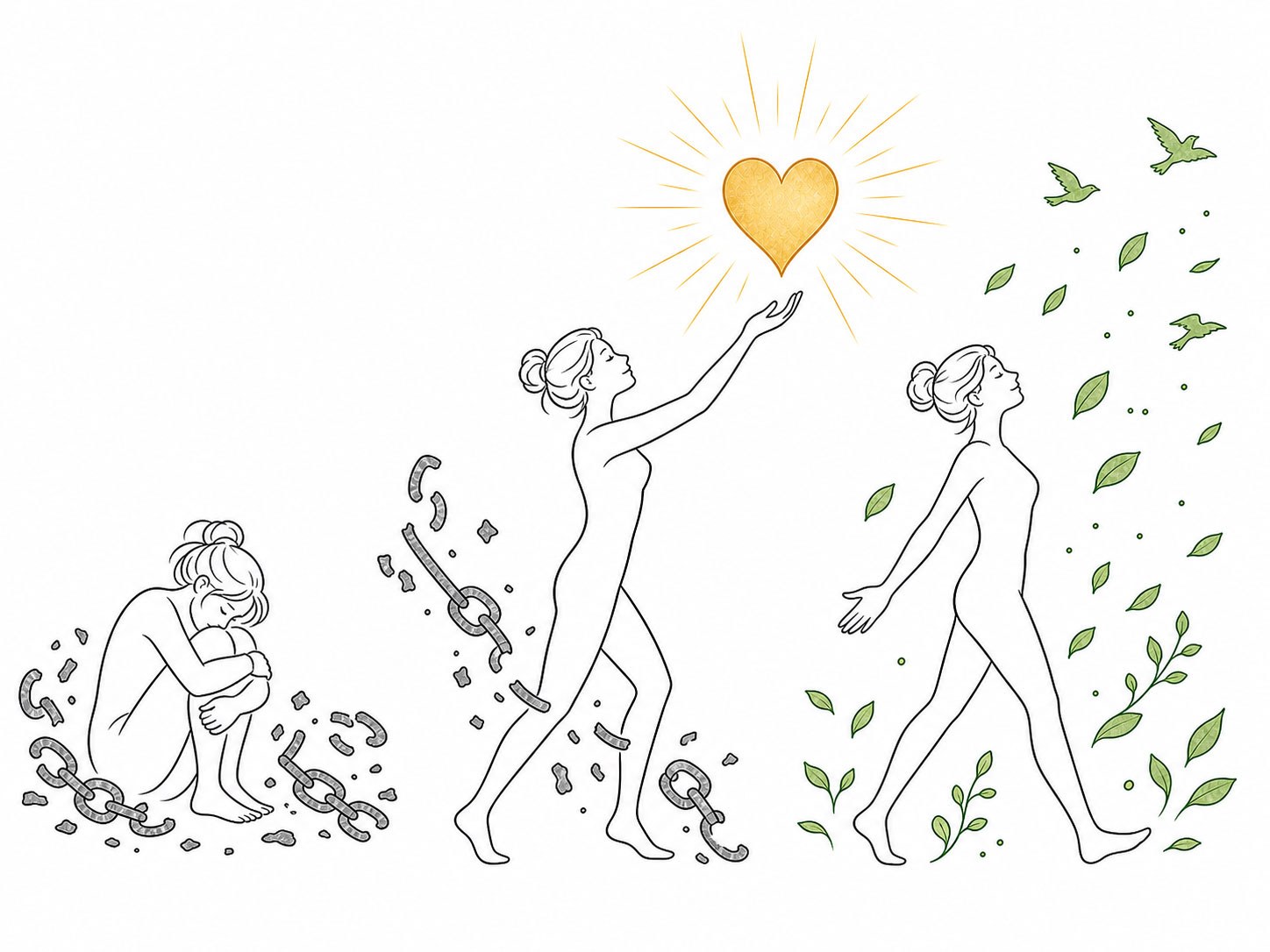 Groll heilen: Strichzeichnung des Weges von innerer Gefangenschaft zu Befreiung mit goldenem Herz und gesprengten Ketten.