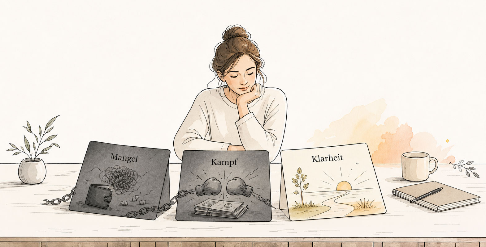 Mangeldenken loslassen: Illustration im Querformat mit einer Person zwischen Mangel, Kampf und Klarheit.
